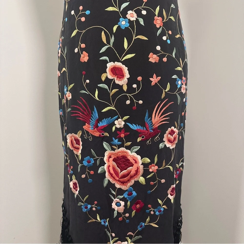 Sue Wong Vintage Black Silk Maxi Dress with Floral Embroidery & Fringe - Picture 4 of 16